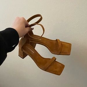 Good American Tan Suede Block Heel Sandals